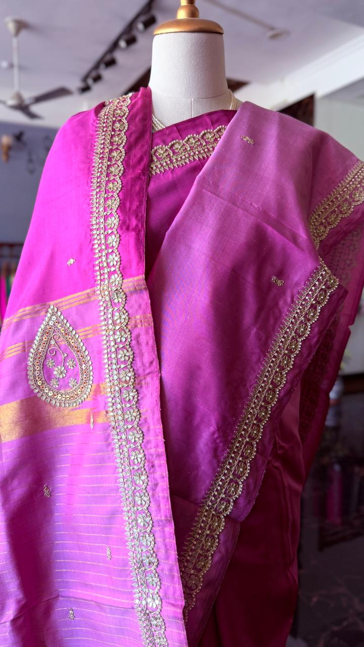 Air India Border Kanjivaram Silk Saree with Pearl & Gota Patti Work