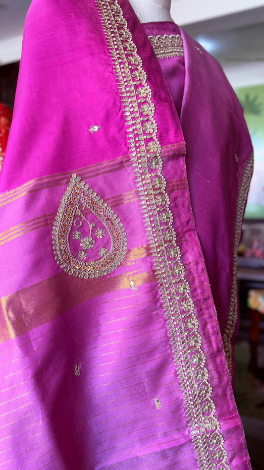 Air India Border Kanjivaram Silk Saree with Pearl & Gota Patti Work